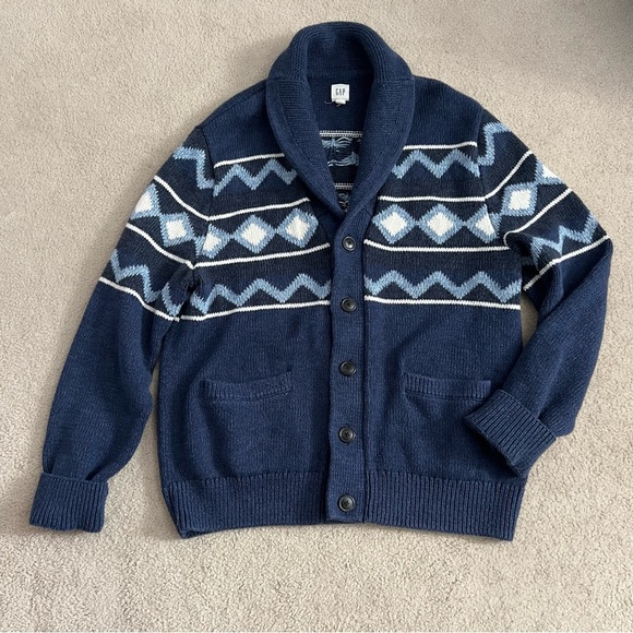 GAP 2016 Mens Geo Shape Cotton Blend Navy Shawl Collar Heavy Knit Cardigan - Picture 2 of 11